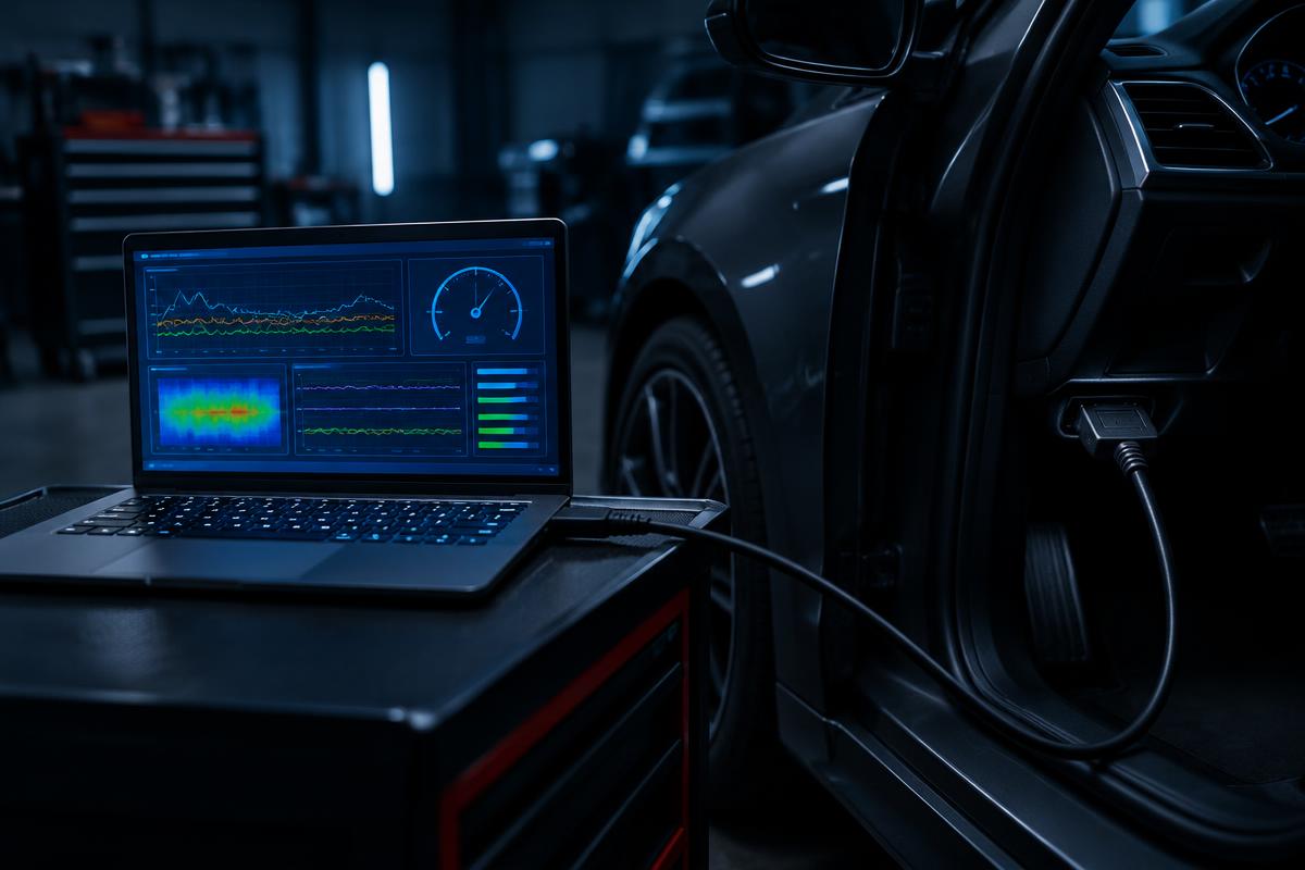 Laptop running diagnostic software connected to a car