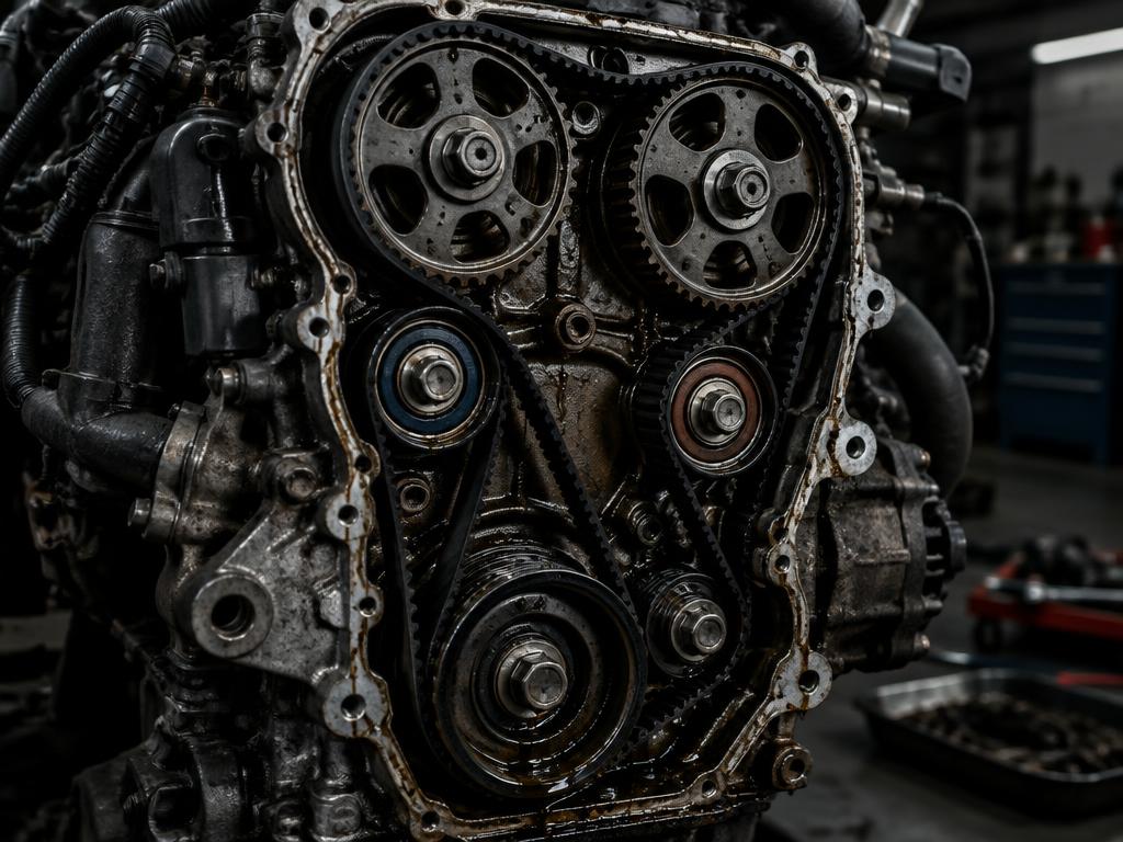 Front of an engine showing timing belt and pulleys